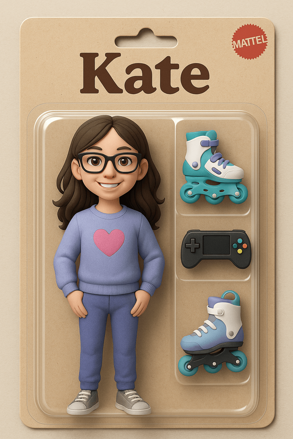 Stylized portrait of Kate in a toy-package style