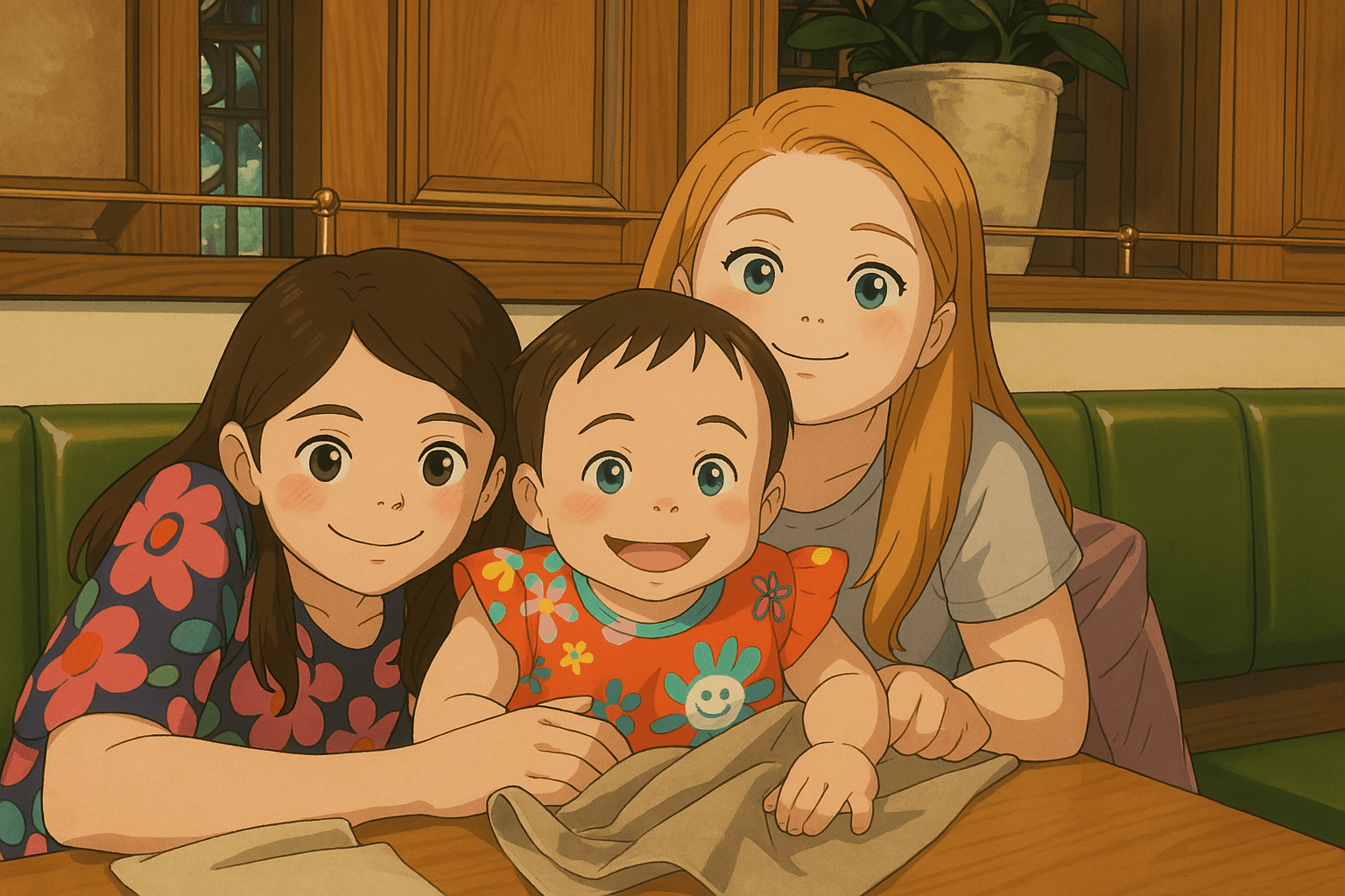 Stylized scene of Kate with a younger sibling on craft day